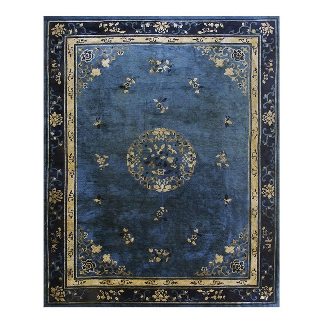 1920s Classic Chinese Symbols Navy Blue Open Field Antique Peking Room Size Rug For Sale