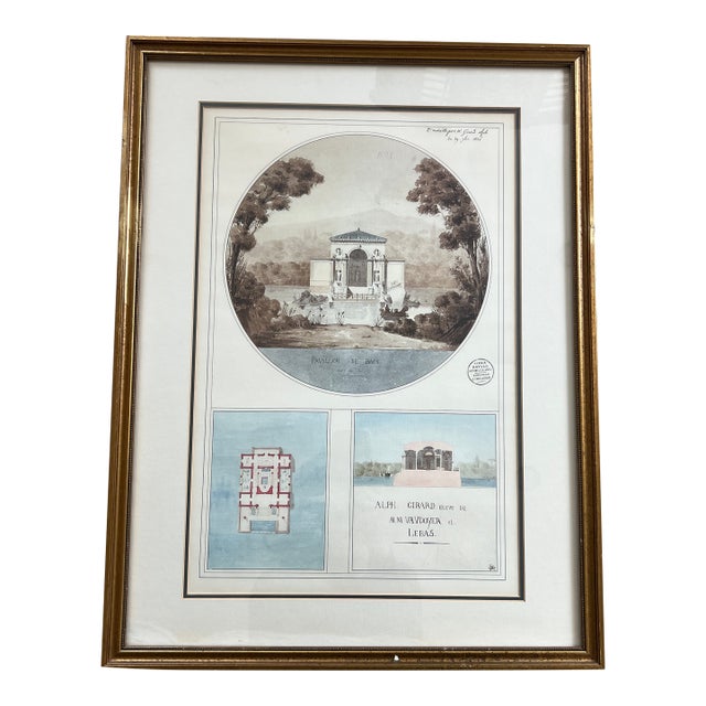 Antique 1800s Hand Colored French Beaux-Arts Pavillon De Bains Architectural Print For Sale