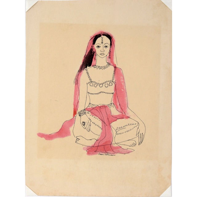 Indian Dancer - Vintage Illustration in Ink and Watercolor A stoic, dark-haired woman in elaborate dress is sitting cross-...