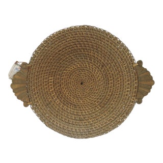 Large Vintage Hapao Rattan Circular Storage or Display Basket / Tray With Hand Carved Wood Handles For Sale