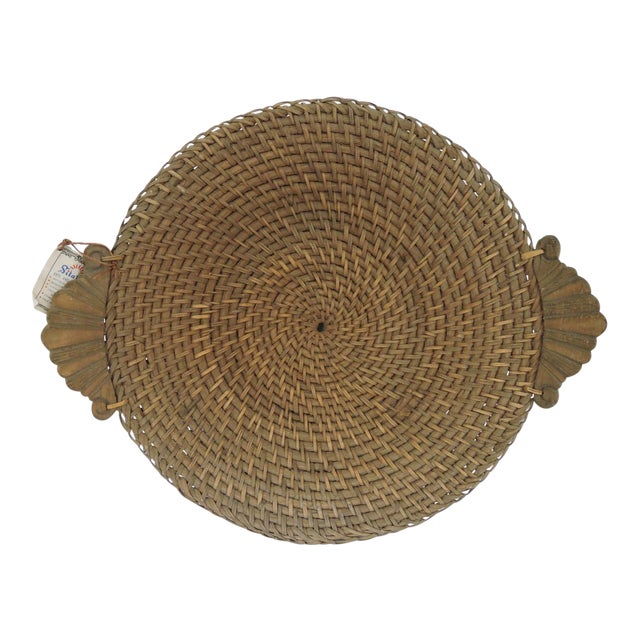 Large Vintage Hapao Rattan Circular Storage or Display Basket / Tray With Hand Carved Wood Handles For Sale