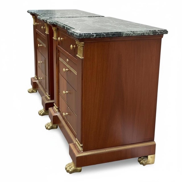 Neo-Classical Style Mahogany & Brass Marble Top Chests Side Tables - Pair For Sale - Image 4 of 6