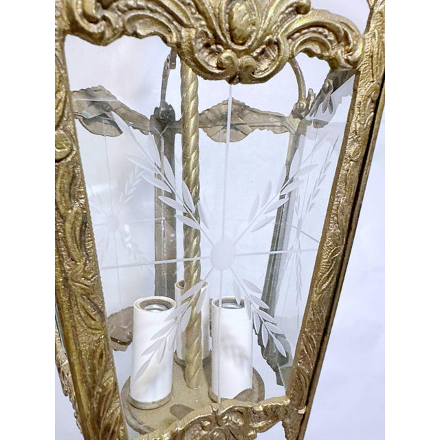 Vintage Bronze Lantern With Etched Glass Panels For Sale - Image 4 of 5