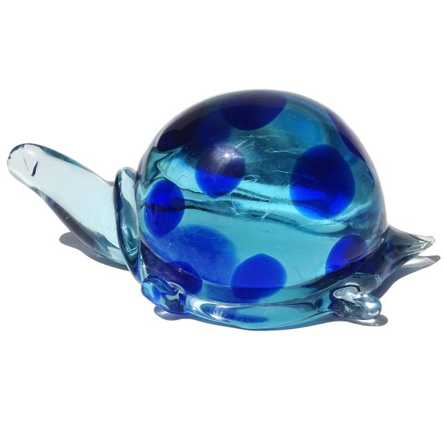 Vintage Murano Salviati Glowing Light and Dark Blue Spots Italian Art Glass Abstract Turtle Figure Sculpture For Sale - Image 9 of 10