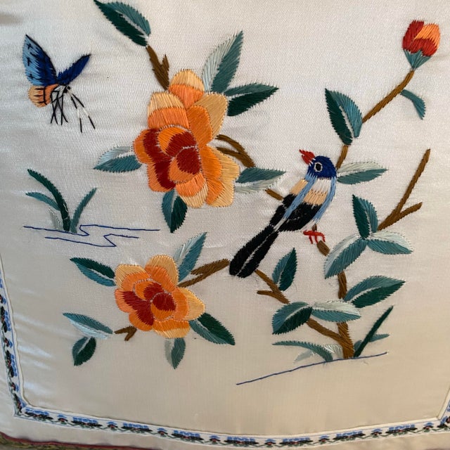 Vintage Embroidered Silk Bird & Botanical Chinoiserie Pillows, a Set of 2 For Sale - Image 4 of 8