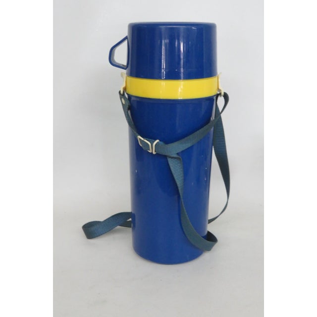 Figurative 1970s Mr Peanut Aladdin Blue Yellow Plastic Thermos Travel Mug With Strap 5120b For Sale - Image 3 of 17