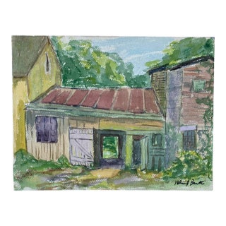 1956 Rural Barn Landscape Watercolor Painting For Sale