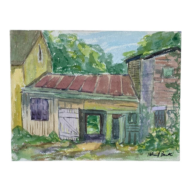 1956 Rural Barn Landscape Watercolor Painting For Sale