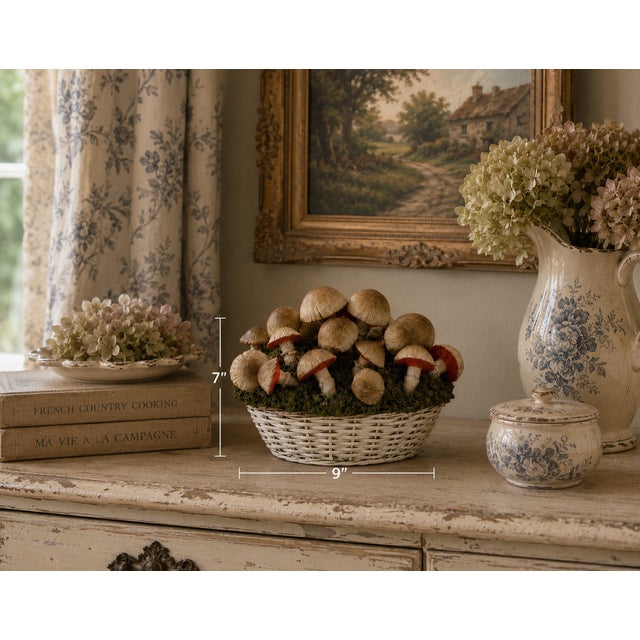Vintage Italian Tromp l'Oeil Hand-Painted Woven Ceramic Basket of Mushrooms Pottery in the form of a white wicker basket...