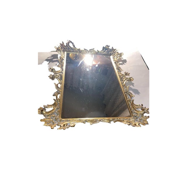 Ornate Gilt Metal Framed Mirrored Vanity Tray With Rococo-Detailing. Ornate Rococo-Style Gilded Cast Metal Table Mirror. For Sale - Image 4 of 11