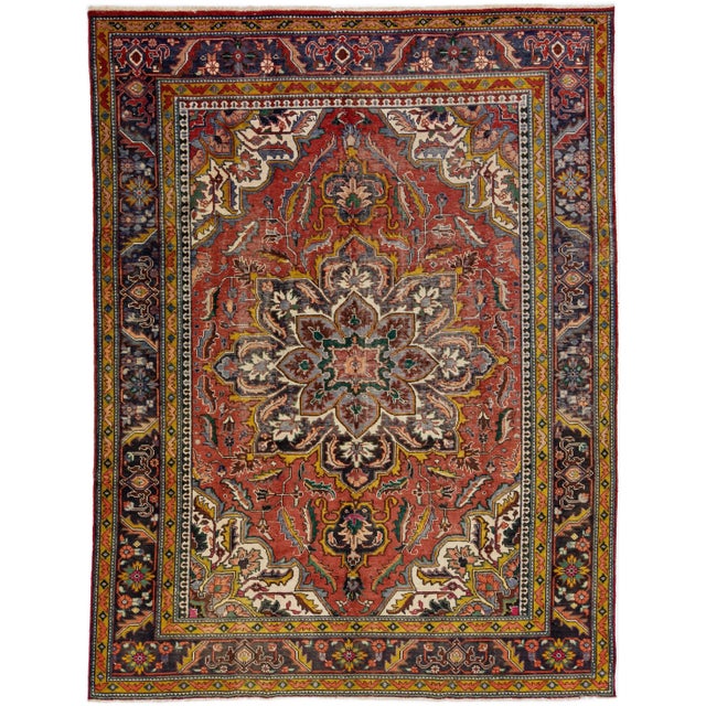 Textile 1960s Vintage Persian Heriz Navy Blue Handmade All-Over Medallion Wool Rug For Sale - Image 7 of 7