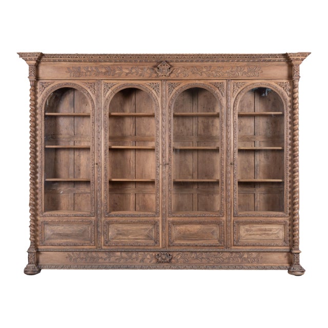 19th-Century Large French Bleached Oak Bookcase Display Cabinet For Sale
