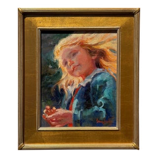 Late 20th Century American Impressionist Painting, Bright Child in Wind "A Playful Breeze" by Corinne Hartley, Framed For Sale