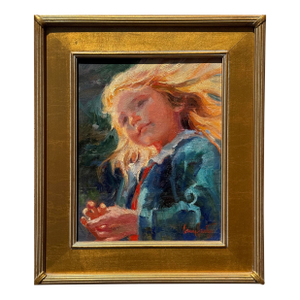 Late 20th Century American Impressionist Painting, Bright Child in Wind "A Playful Breeze" by Corinne Hartley, Framed
