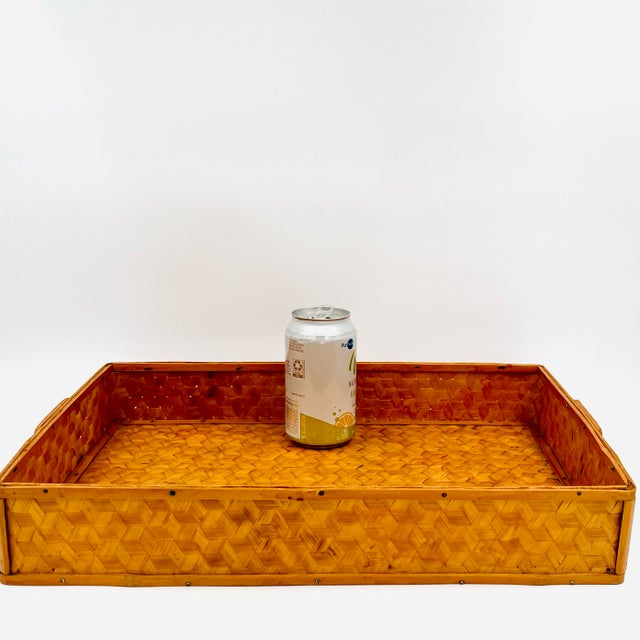 Chinoiserie Vintage Chinese Bamboo Serving Tray Woven Split Rattan For Sale - Image 3 of 10