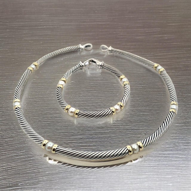 Metal 1990s David Yurman Authentic Estate Pearl Necklace 17" + Bracelet Set 7.5" Silver Gold For Sale - Image 7 of 9