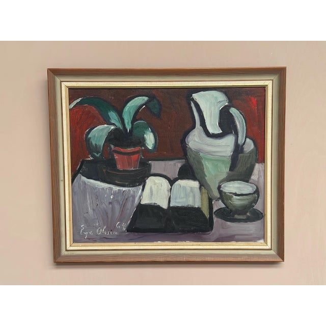 Original Swedish Oil on Canvas – “Pitcher and Plant (Still Life)” by Evy Olesen – Signed & Dated 1964 – Vintage & Framed –...
