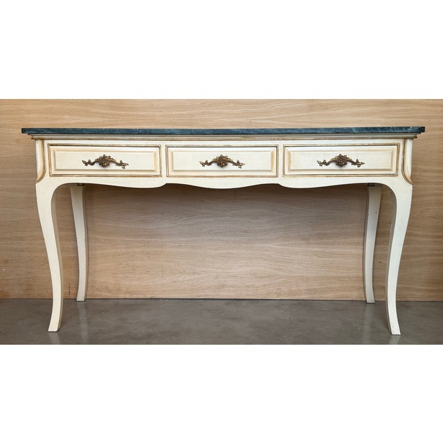 20th Century French White Painted Table Console With Green Marble Top For Sale - Image 4 of 16