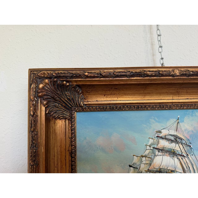 Blue Signed Original Oil Painting on Canvas Seascape Gold Frame Maritime Nautical Art For Sale - Image 8 of 12