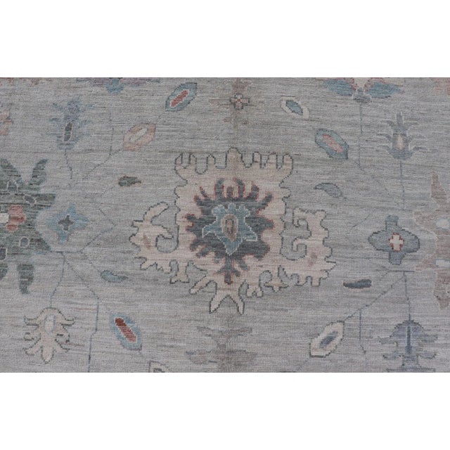 2020s 2020s All Over Modern Floral Oushak With a Light Blue-Gray Field and Border With Color For Sale - Image 5 of 13