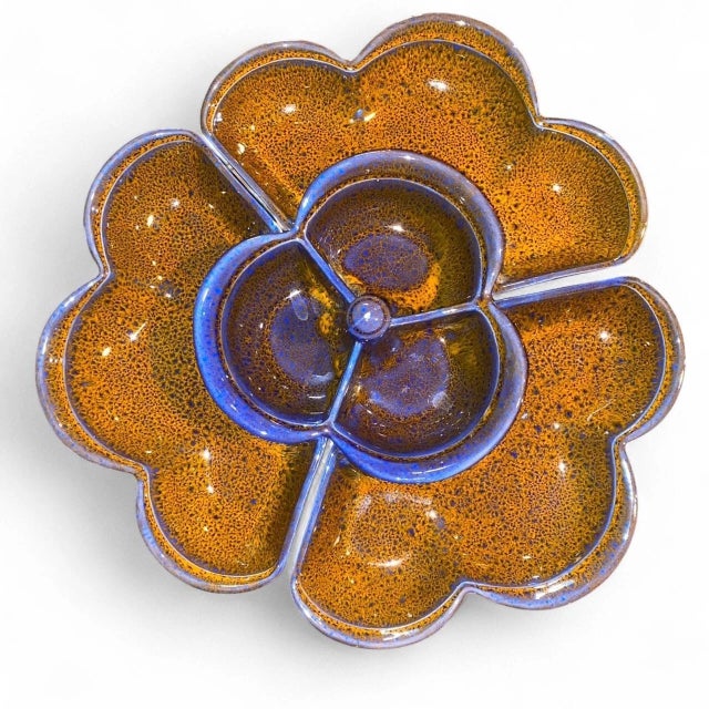 Stunning large vintage glazed ceramic serving platter with vibrant burnt orange and deep indigo speckled finish....
