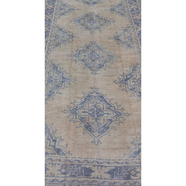 Turkish Oushak Gallery Rug in Muted Blue and Cream With Geometric Design 5'0 X 12'5 For Sale - Image 4 of 12