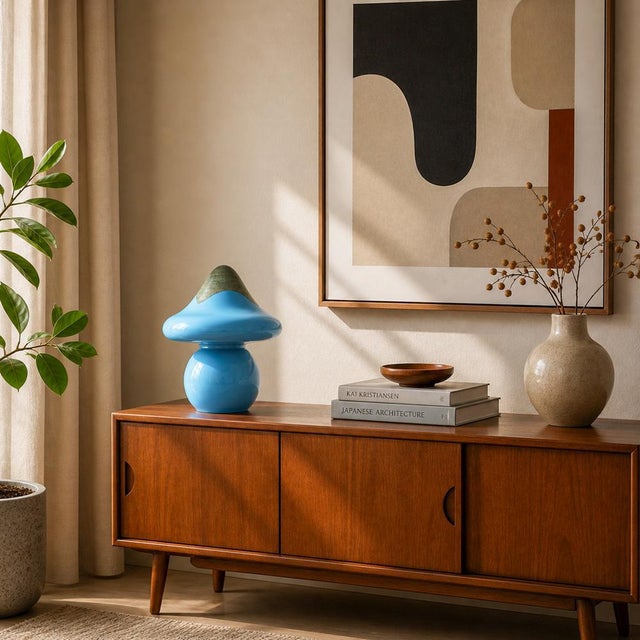 Classic of italian design — mushroom table lamp. Made of murano glass with blue color in the 1970s. Original vintage...