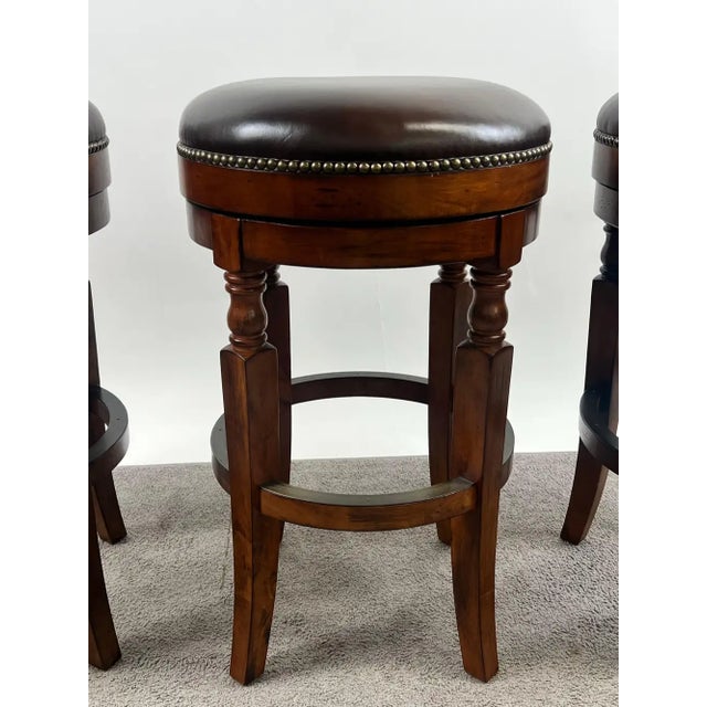 Vintage Traditional Style Frontgate Studded Leather Swivel Stool, a Set of 3 For Sale - Image 4 of 16