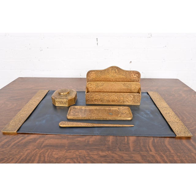Tiffany Studios New York Zodiac Bronze Doré Blotter Ends With Leather Desk Blotter For Sale - Image 9 of 10