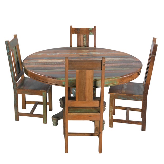 Far Pavilions 1970s Rustic Brown Reclaimed Wood Round Pedestal Dining Table – 1 Piece For Sale - Image 4 of 5