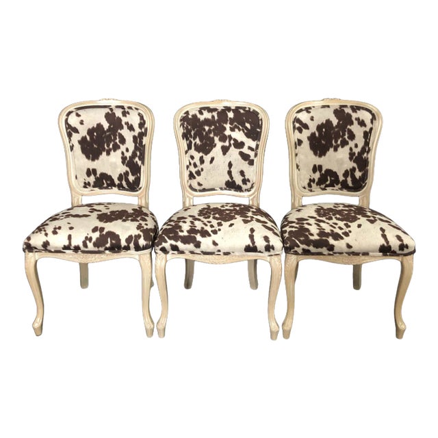 Louis XV Style Bleached Wood Chairs With Faux Hide Upholstery -Set of 3 For Sale