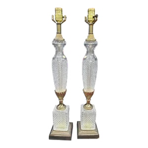 Neoclassical Hollywood Regency Ormolu and Crystal Cut Column Table Lamps, a Pair