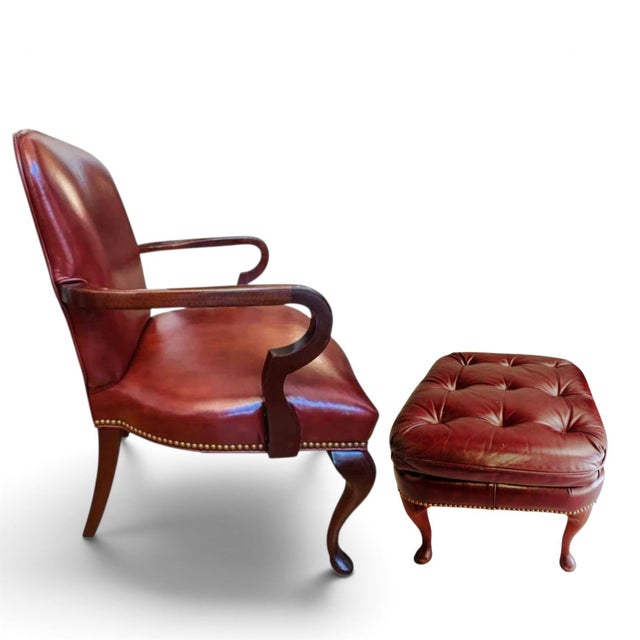 The Ultimate Statement of Traditional Elegance: The Leathercraft Open Armchair & Tufted Ottoman Set For Sale - Image 12 of 12