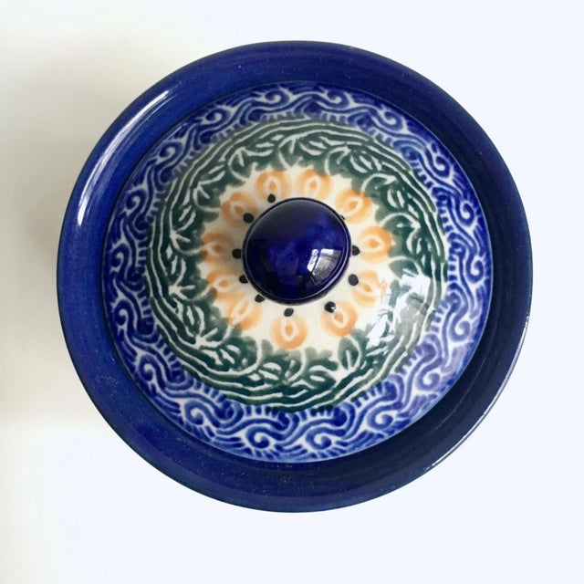 Ceramic Vintage Maria Starzyk Hand Painted Bue "Pansy" Pottery Lidded Jar For Sale - Image 7 of 12