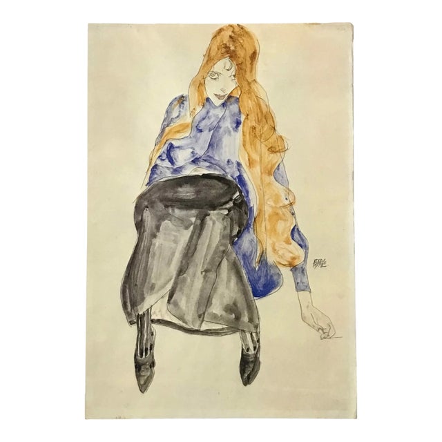 1981 Egon Schiele 14 Erotic Drawing Seated Girl With Blond Hair For Sale