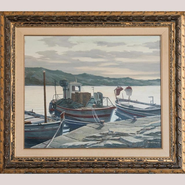 Mediterranean Fishing Boats, 1980s, Oil on Canvas For Sale - Image 3 of 9