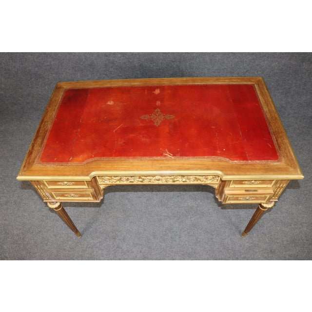 19th C French Louis XVI Style Leather Top and Bronze Ormolu Desk With Pull Panel For Sale - Image 4 of 16