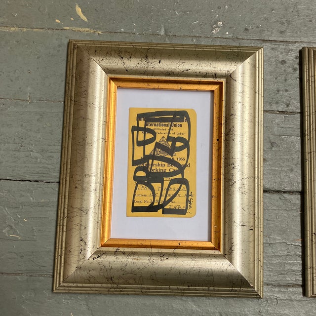 Contemporary set of two abstract marker drawings by Wayne Cunningham on vintage registration cards. Signed and framed....