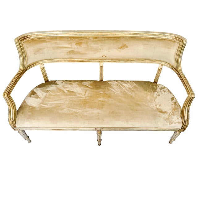 Late 20th Century Vintage French Neoclassical Louis XVI Style Giltwood & Painted Settee With Champagne Velvet Upholstery For Sale - Image 5 of 10