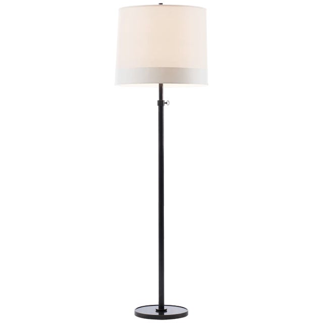 Simple Floor Lamp in Bronze with Silk Banded Shade Designer: Barbara Barry Height: 62.5" - 80" Shade Detail: 18" x 19" x...