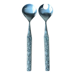 Vintage Konge Tinn Hardanger Sylvplett Kristin Pattern Norwegian Pewter Serving Utensils Salad Spoon and Fork Set For Sale
