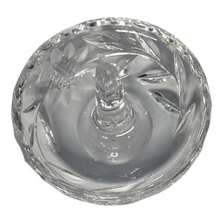 Vintage Cut Crystal Ring Holder Dish – Floral Etched Glass Jewelry Stand For Sale