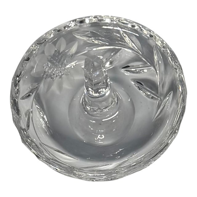 Vintage Cut Crystal Ring Holder Dish – Floral Etched Glass Jewelry Stand For Sale