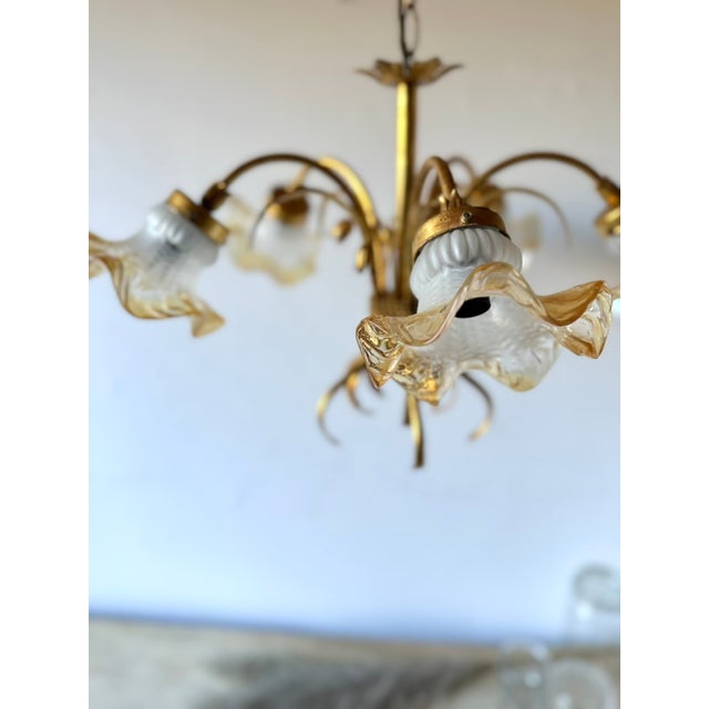 Hollywood Regency Florentine Style Gilt Metal Chandelier with Amber-Tinted Glass Shades, 1960s For Sale - Image 3 of 13
