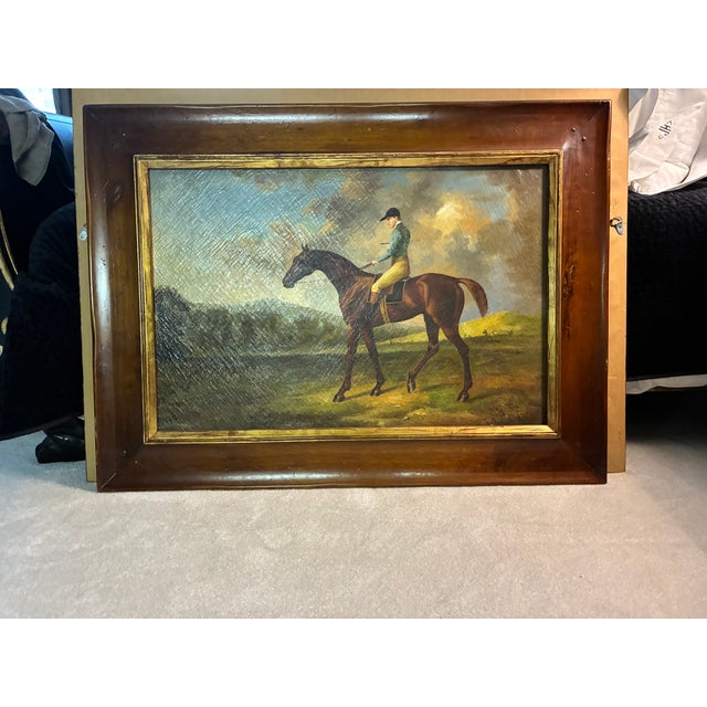 This is a 19th century Eng equestrian portrait, painting, an oil on canvas Depicting a gentleman or Jockey on a Bay horse...