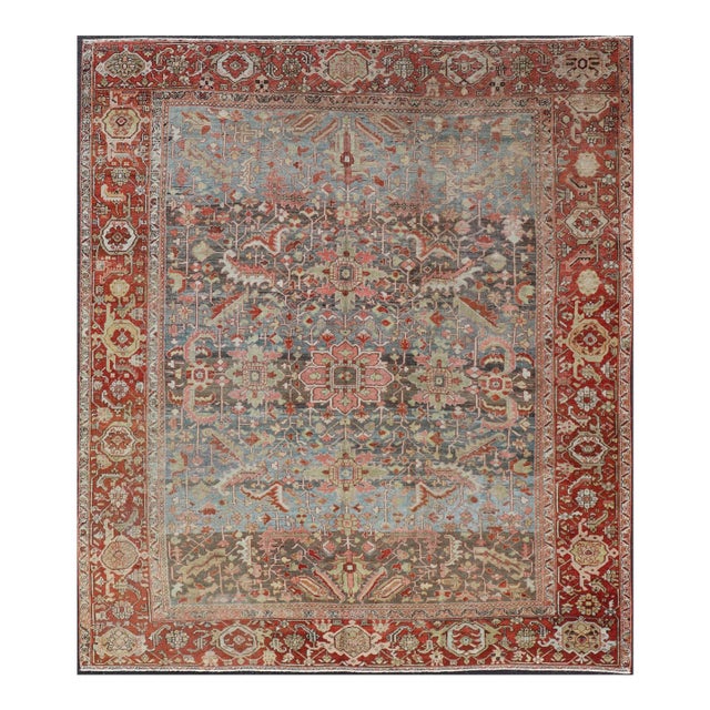 Persian Antique Serapi Rug With All-Over Geometric Design in Gray-Blue and Red For Sale