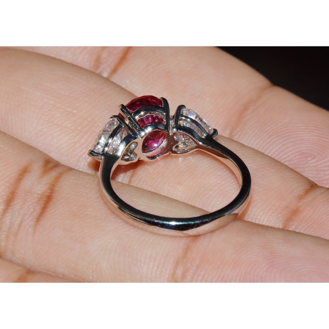 Late 20th Century Gia 4.47Cts No-Heat Mozambique Ruby & D Vvs2 Heart Diamond Platinum Three Stone Ring, Size 6 For Sale - Image 11 of 18