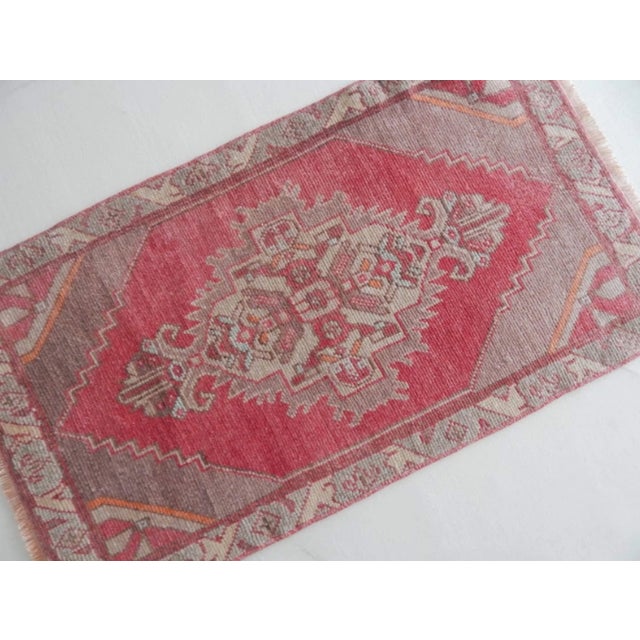 Rustic Distressed Low Pile Small Turkish Hand Knotted Yastik Rug 1′10″ × 3′3″ For Sale - Image 3 of 7