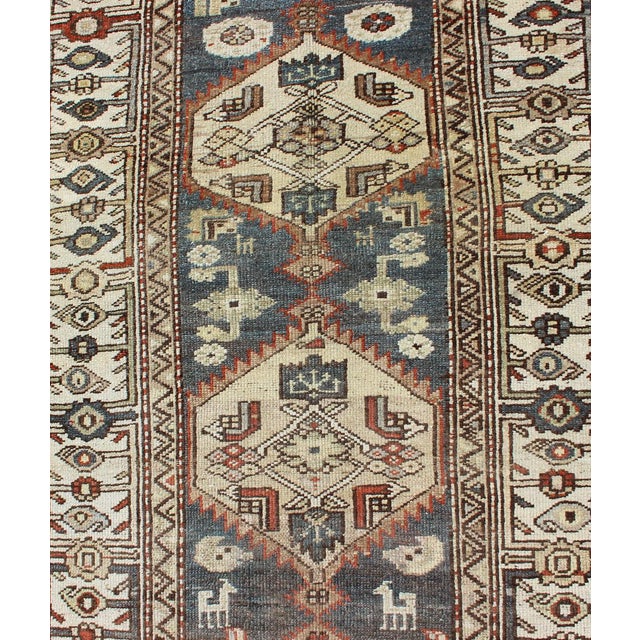 Ivory Long Persian Kurdish Runner With Medallion Design in Charcoal, Ivory and Red For Sale - Image 8 of 14