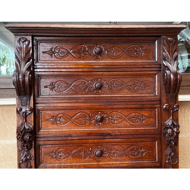 Wood Late 19th Walnut Nine Drawer Tall French Carved Chest or Siffonier For Sale - Image 7 of 12